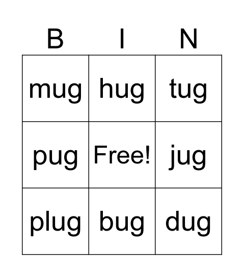 "ug' word family Bingo Card