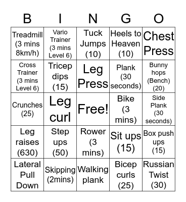 Fitness Bingo Card