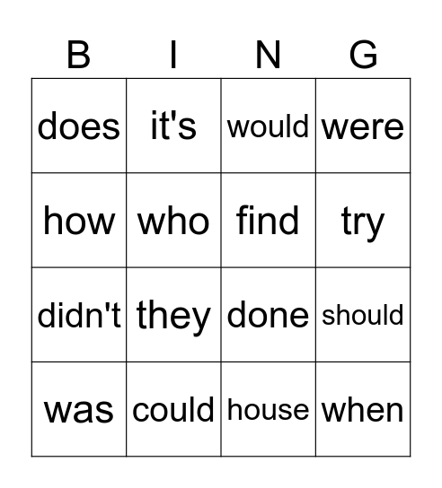Sight Words Bingo Card