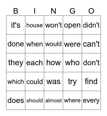 Sight Words Bingo Card
