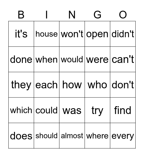 Sight Words Bingo Card