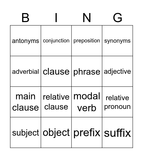 Grammar Bingo Card