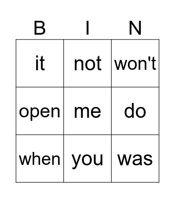 Sight Words Bingo Card