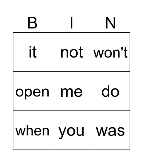 Sight Words Bingo Card