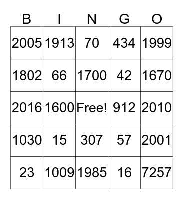 Addresses and Years Bingo Card