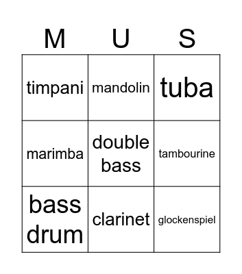 Musical instruments Bingo Card