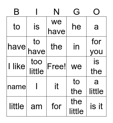 Sight Words  Bingo Card