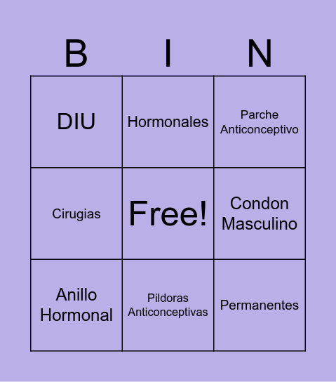 UntMetodos Anticonceptivos Bingo Card