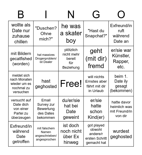 Dating Bullshit Bingo Card