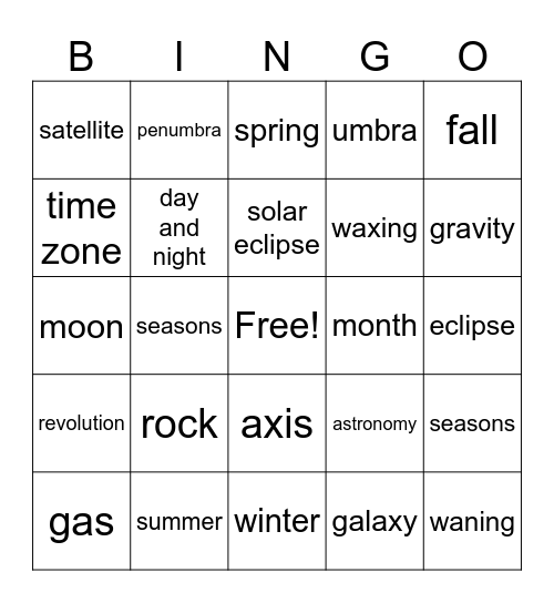 Space Systems Bingo Card