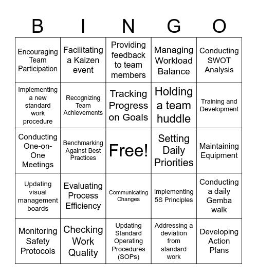 Leader Standard Work Bingo Card