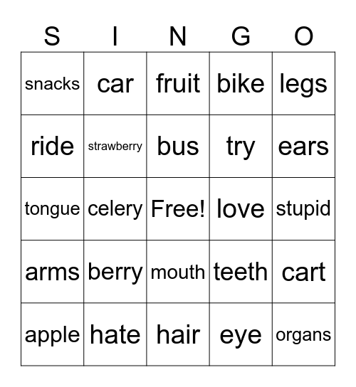 SINGO! Bingo Card