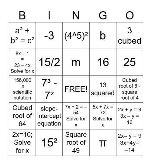8th Grade Math Bingo Card