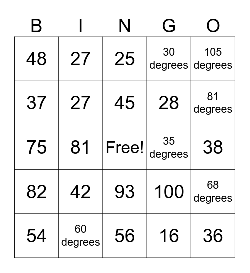 Multiplication, Angles, Addition/Subtraction Review Bingo Card