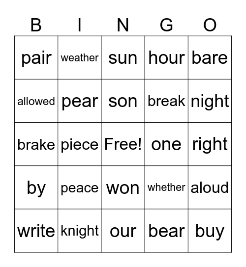 Homophones Bingo Card