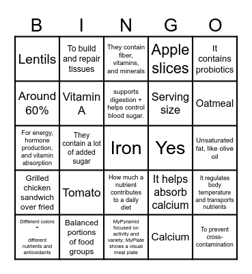 NUTRITION BINGO Card