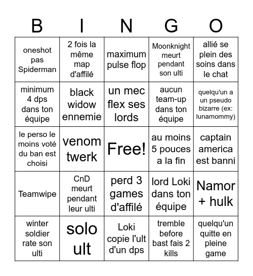 Marvel rivals bingo Card