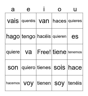 Irregular Verbs Bingo Card