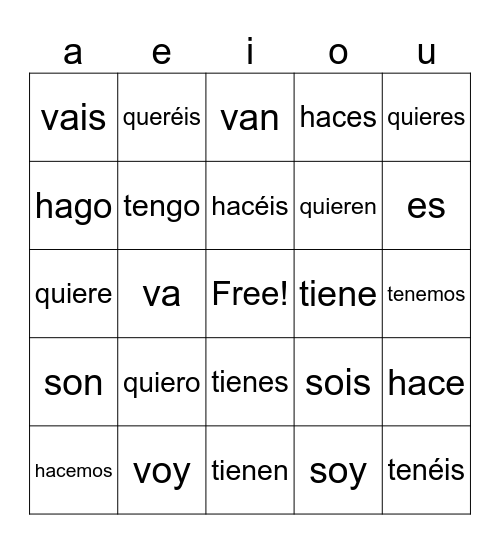 Irregular Verbs Bingo Card