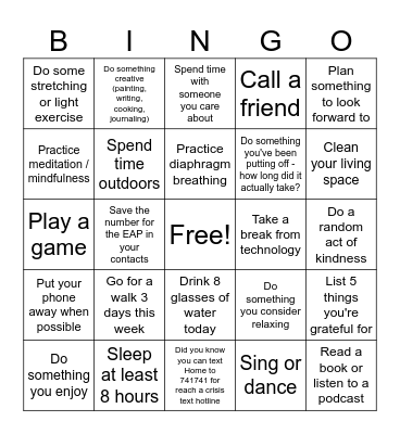 Mental Health Bingo Card