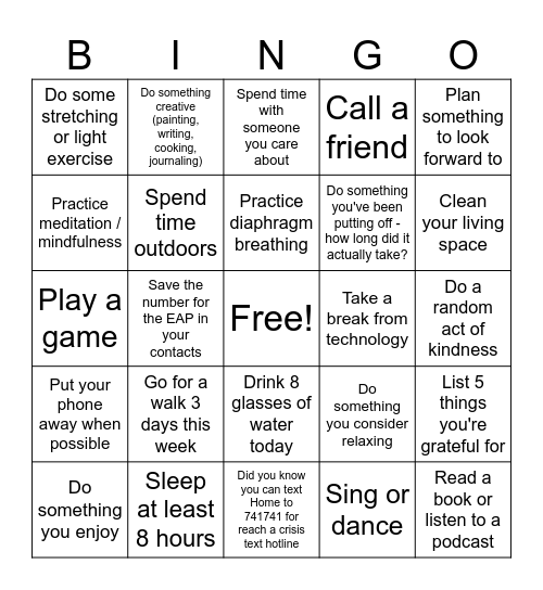 Mental Health Bingo Card