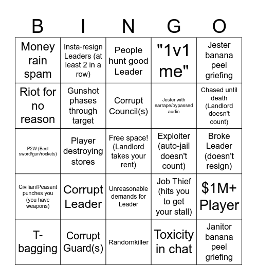 Roblox Generic Roleplay Gaem Bingo Card