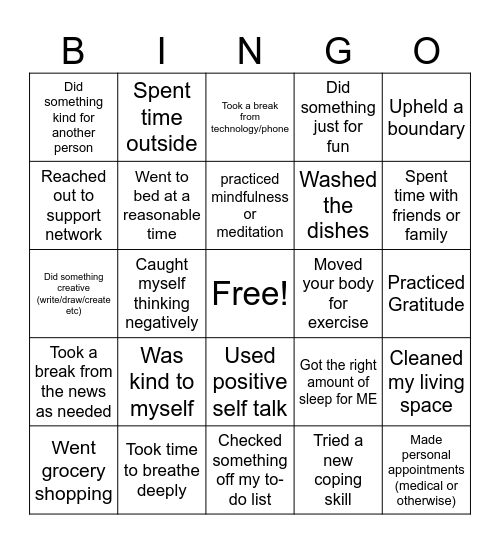 Life Skills Bingo Card