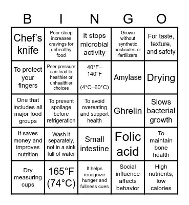 NUTRITION BINGO Card