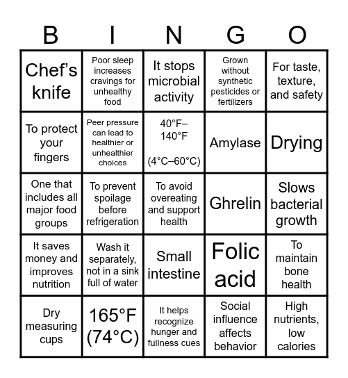 NUTRITION BINGO Card