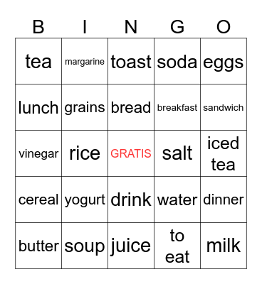 Otras comidas y bebidas Bingo Card
