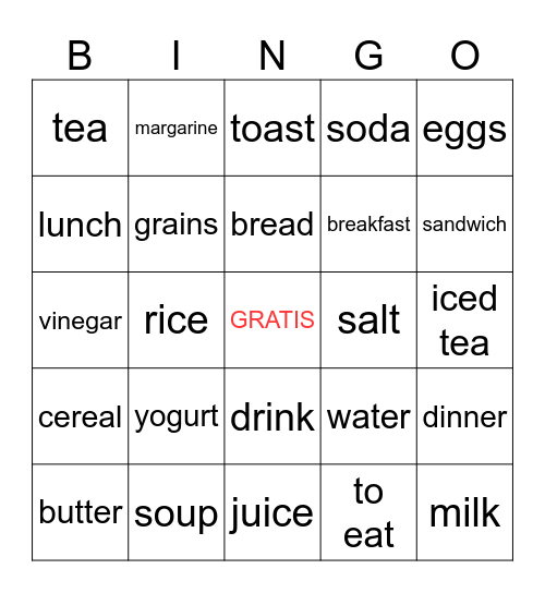Otras comidas y bebidas Bingo Card