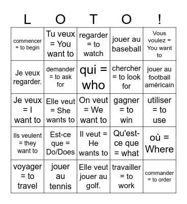 French -er verbs / vouloir Bingo Card