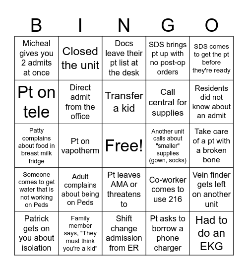 PEDS Badge Bingo Card