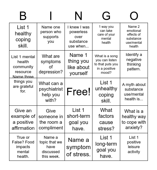 Questions Bingo Card