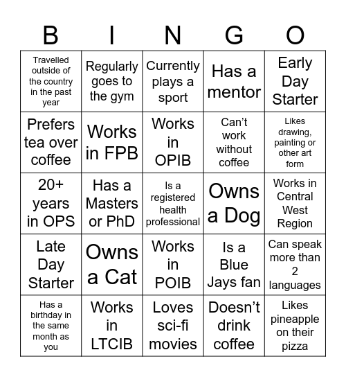 LTCOD Divisional Day Bingo Card