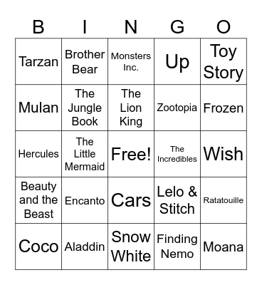 Disney Movie Bingo Card