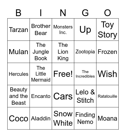 Disney Movie Bingo Card