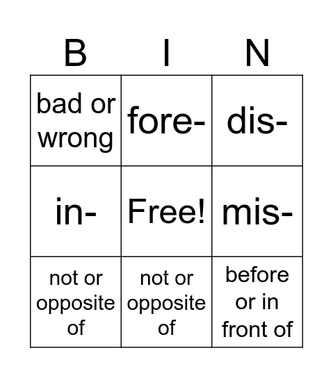 Prefix Bingo Card