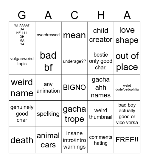 Gacha life mini movie bingo Card