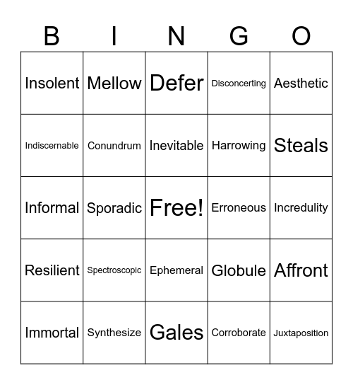 Vocab Bingo Card
