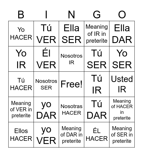 Short Preterite w/Hacer Bingo Card