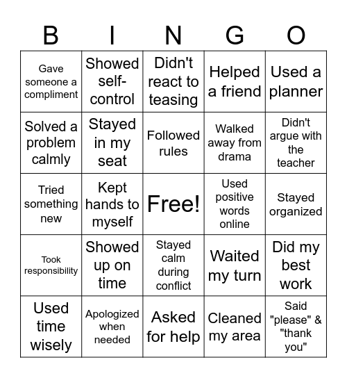 Behavior BINGO Card