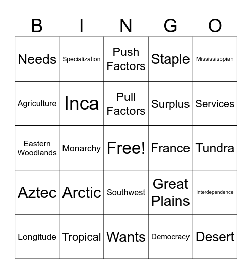5th Grade Social Studies Bingo Card