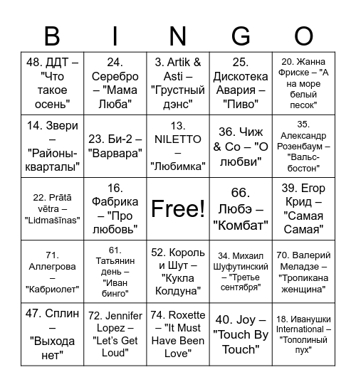 MUSIC BINGO Card