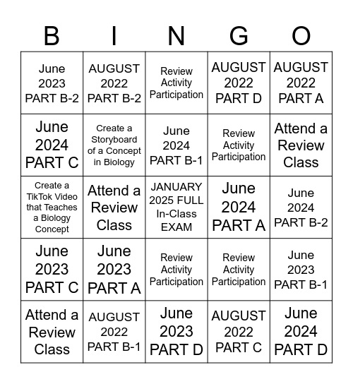 LE Regents Bingo Card