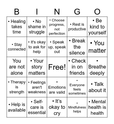 Mental Health Awareness Bingo Card