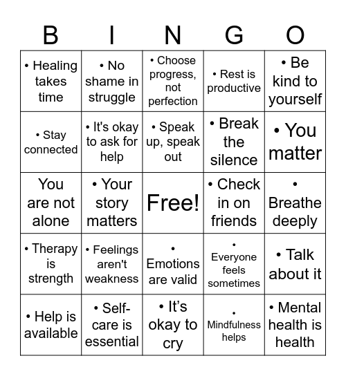 Mental Health Awareness Bingo Card
