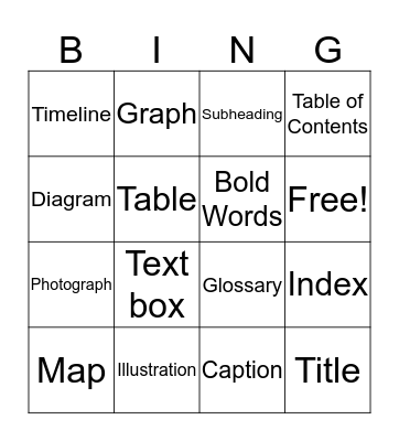 Non-fiction Text Features Bingo Card