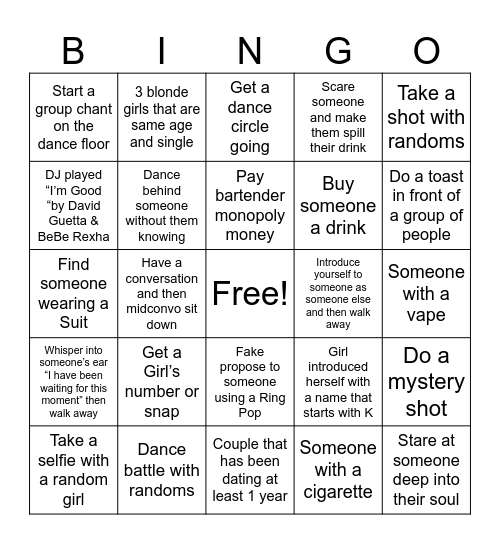 Crazy Club Bingo Card