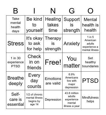 Mental Health Awareness Bingo Card